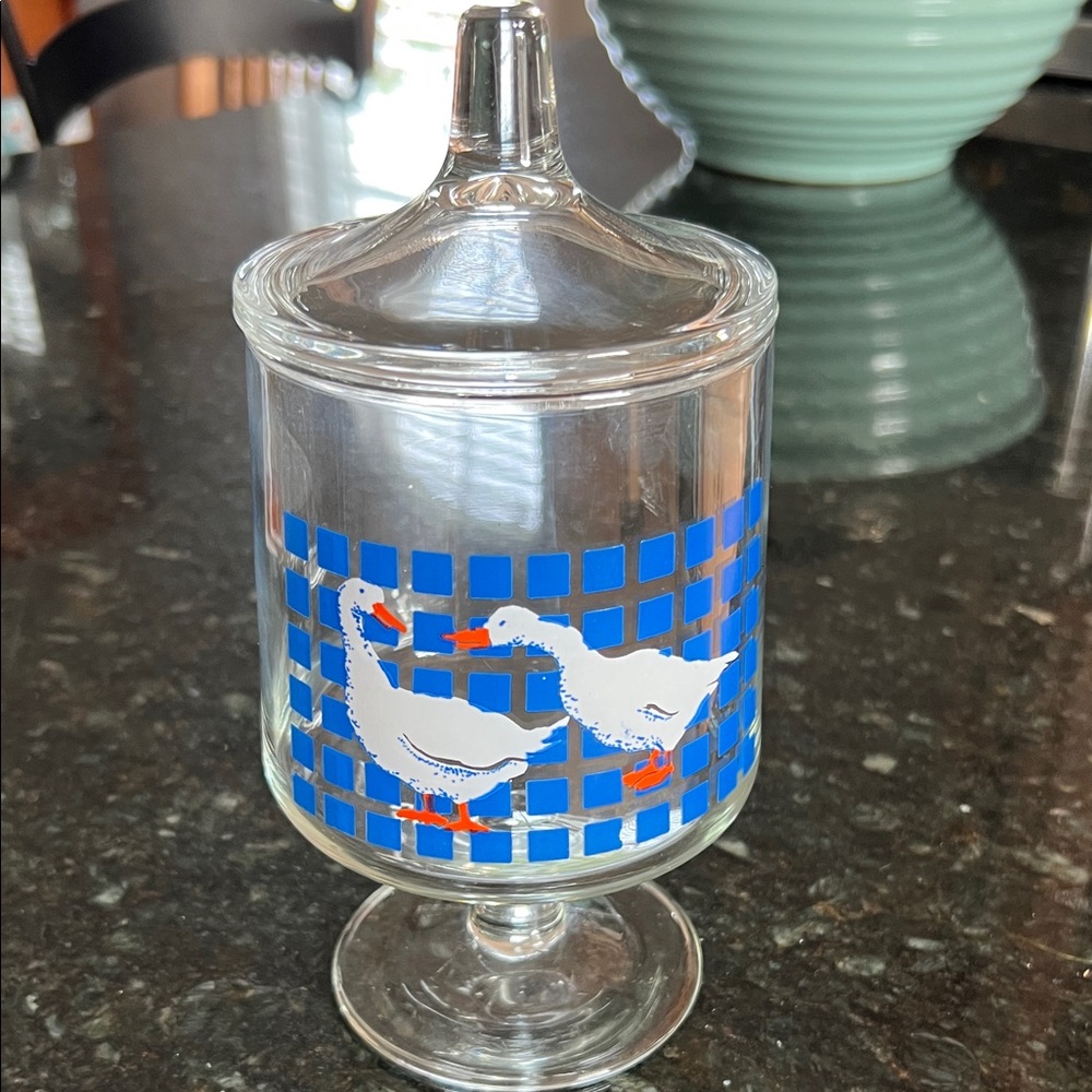 Vintage Glass Jar with Blue Checkered Pattern and Duck Design
